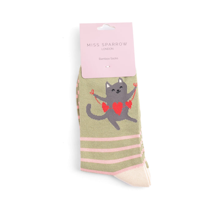 Miss Sparrow Ladies Lovely Cats Bamboo Socks Olive Green - Sugarplum Boutique