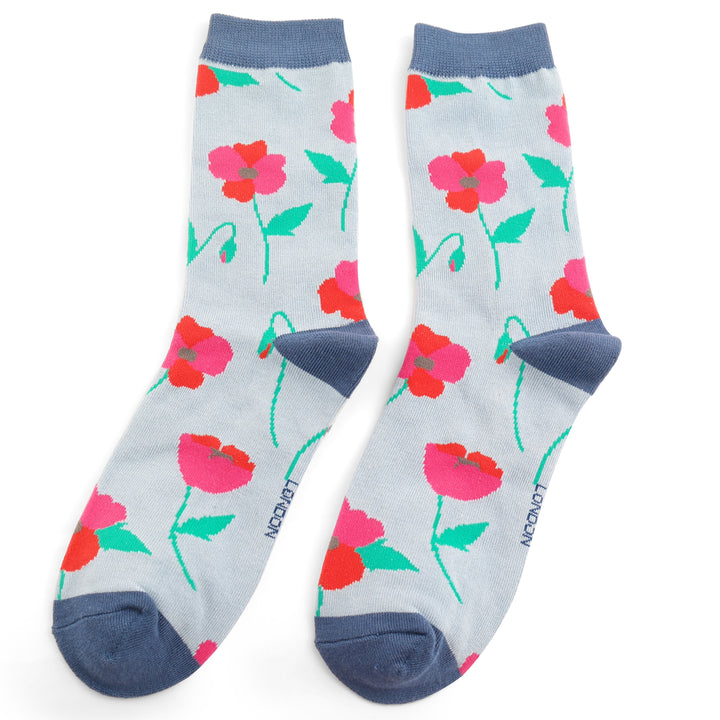 Miss Sparrow Ladies Poppy Flower Bamboo Socks Light Blue - Sugarplum Boutique