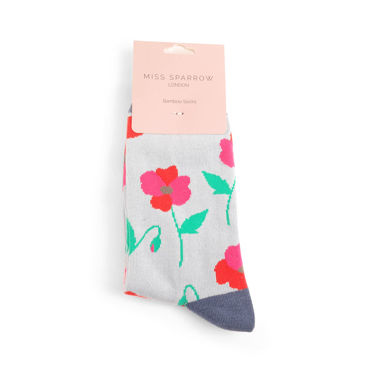 Miss Sparrow Ladies Poppy Flower Bamboo Socks Light Blue - Sugarplum Boutique