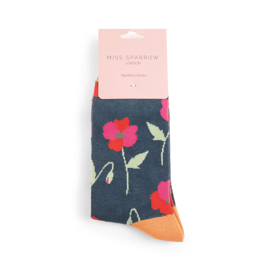 Miss Sparrow Ladies Poppy Flower Bamboo Socks Navy Blue - Sugarplum Boutique