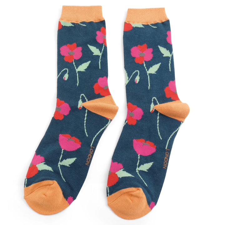 Miss Sparrow Ladies Poppy Flower Bamboo Socks Navy Blue - Sugarplum Boutique