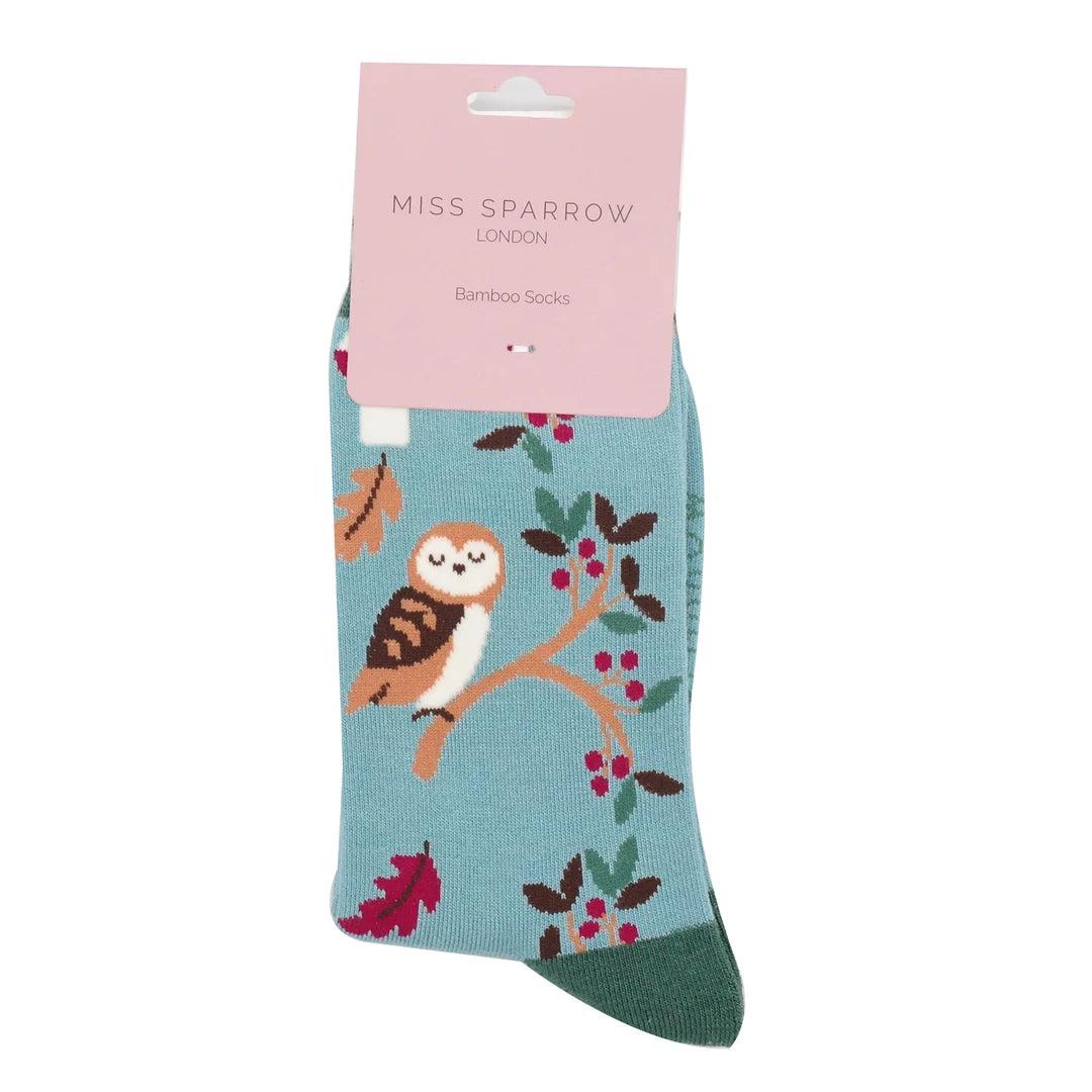 Miss Sparrow Ladies Woodland Owl Bamboo Socks Duck Egg Blue - Sugarplum Boutique