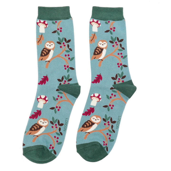 Miss Sparrow Ladies Woodland Owl Bamboo Socks Duck Egg Blue - Sugarplum Boutique