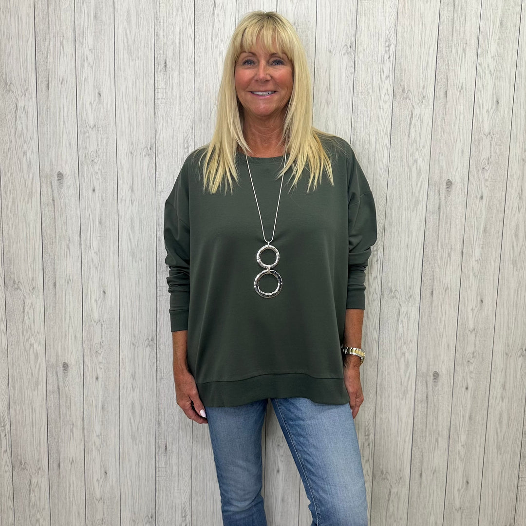 Orla Oversize Cotton Sweatshirt Khaki Green - Sugarplum Boutique