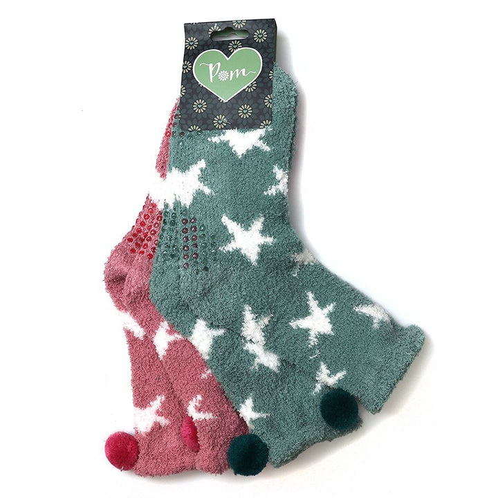 POM Double Set Cosy Socks Green Pink Pom Pom Detail - Sugarplum Boutique