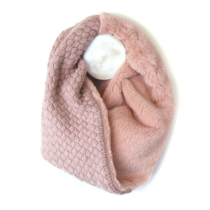 POM Faux Fur Twisted Reversible Snood Basket Weave Knit Vintage Pink - Sugarplum Boutique