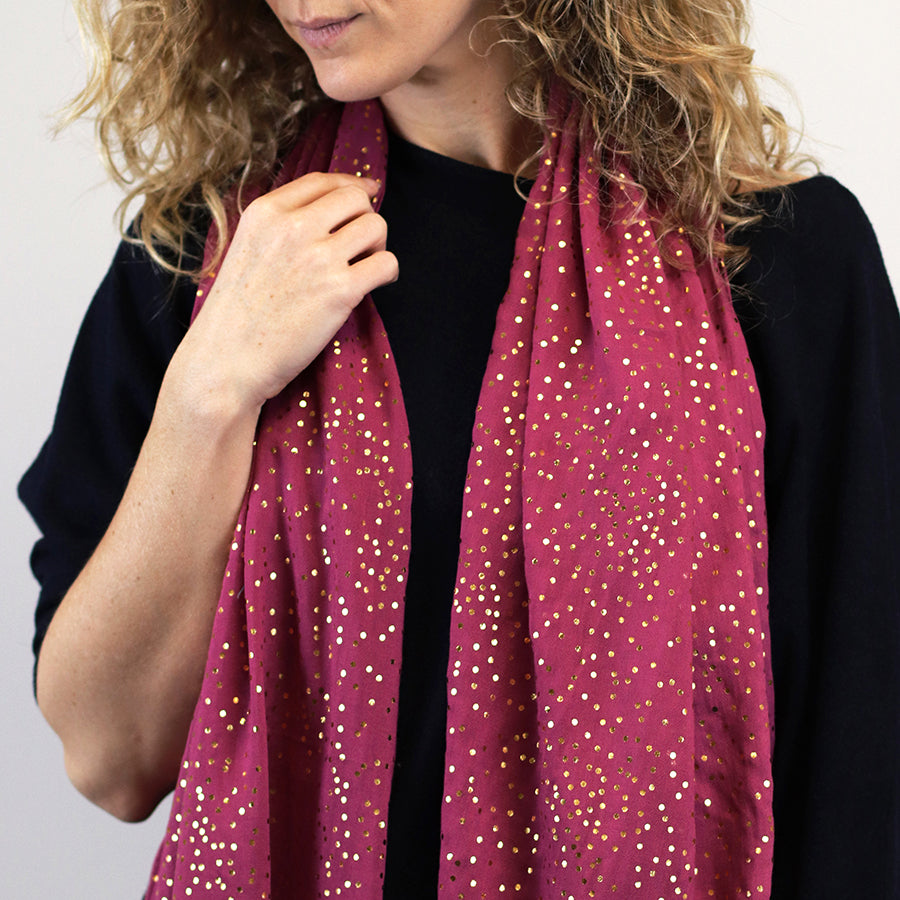 POM Metallic Gold Foil Dot Print Scarf Magenta Pink - Sugarplum Boutique