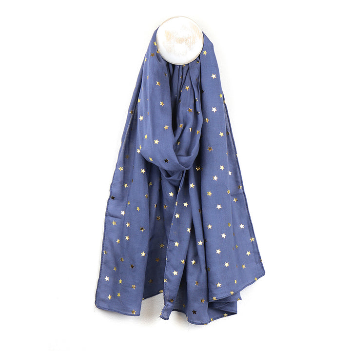 Pom Metallic Gold Star Print Scarf Denim Blue - Sugarplum Boutique