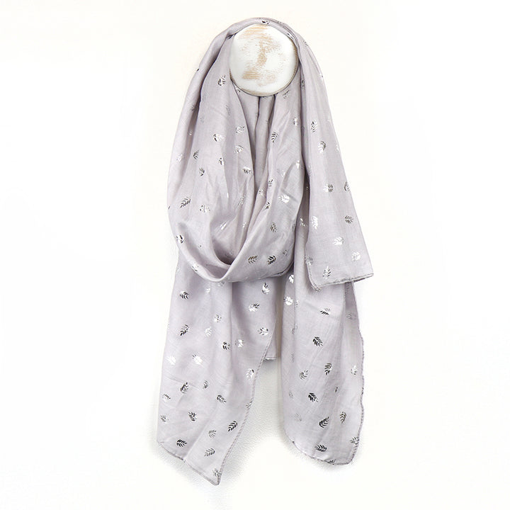 POM Metallic Silver Foil Leaf Print Scarf Light Grey - Sugarplum Boutique