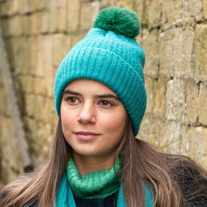 POM Recycled Blend Ribbed Knit Bobble Hat Teal Green - Sugarplum Boutique