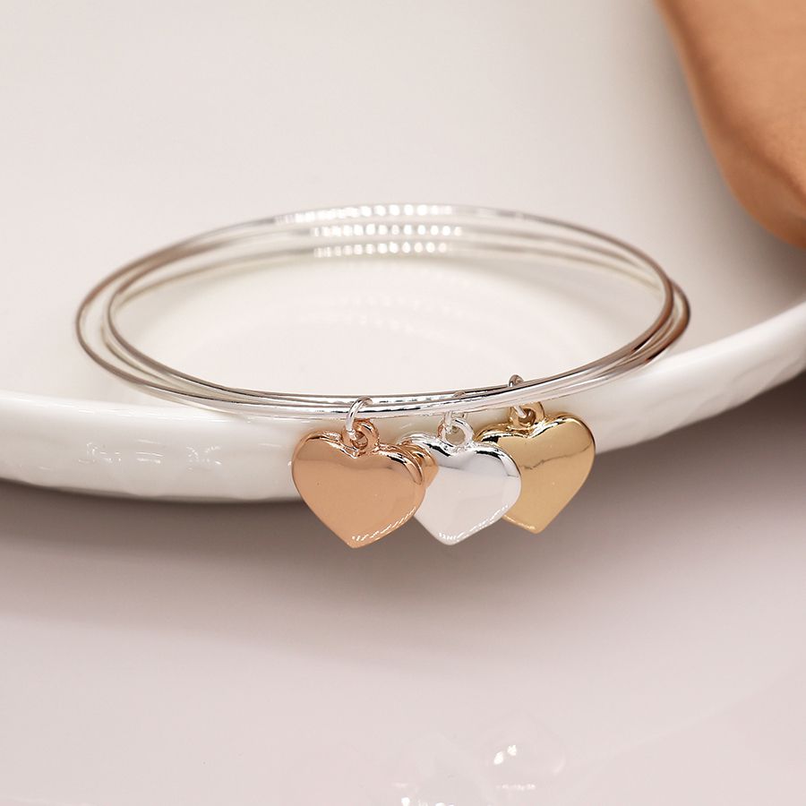 POM Silver Plated Triple Bangle Mixed Metallic Hearts - Sugarplum Boutique