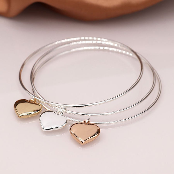 POM Silver Plated Triple Bangle Mixed Metallic Hearts - Sugarplum Boutique