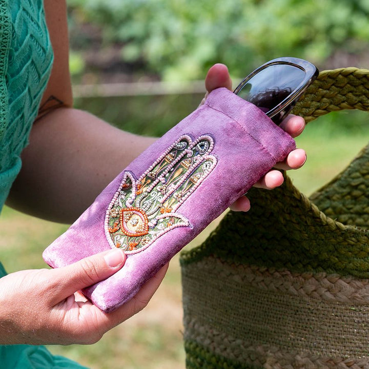 POM Velvet Fatima Hand Glasses Case Embroidered Pink - Sugarplum Boutique