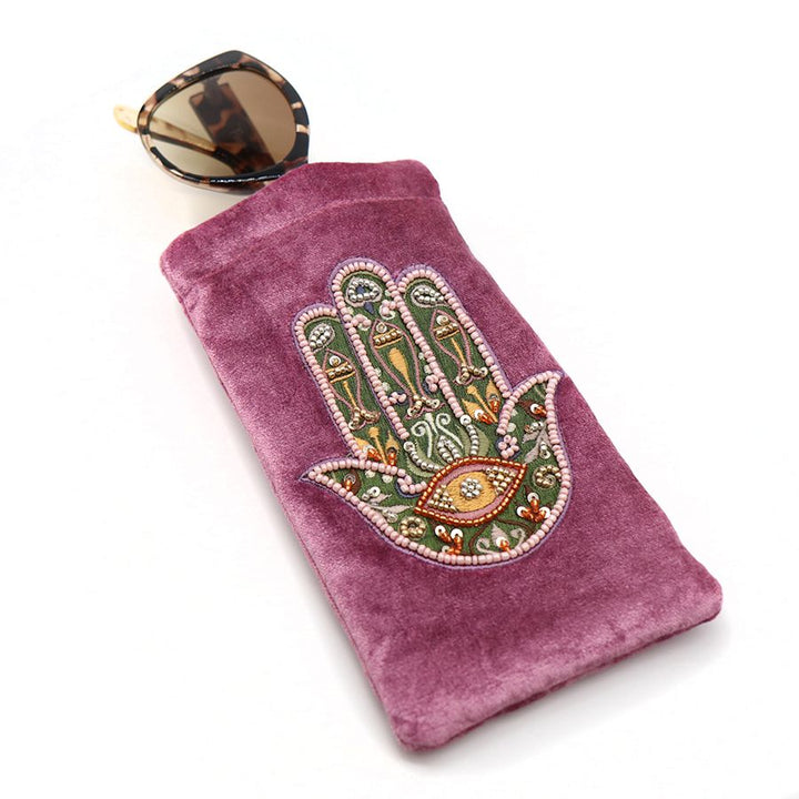 POM Velvet Fatima Hand Glasses Case Embroidered Pink - Sugarplum Boutique