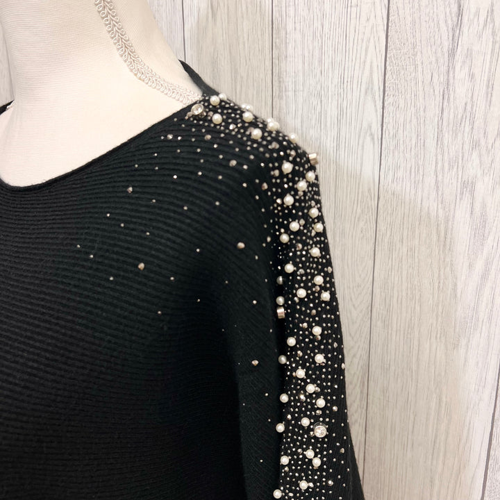 Pearl Stud Embellished Batwing Rib Jumper Black - Sugarplum Boutique