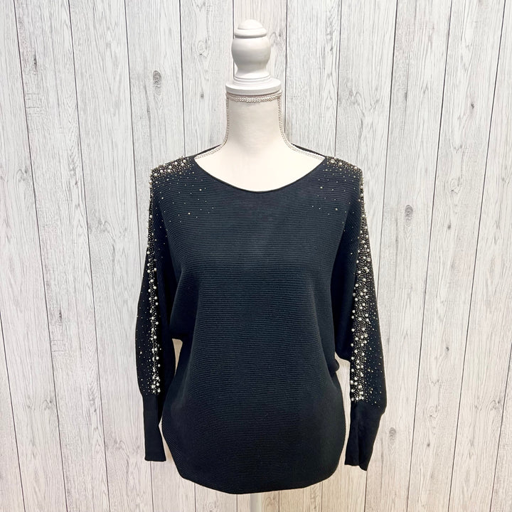 Pearl Stud Embellished Batwing Rib Jumper Black - Sugarplum Boutique