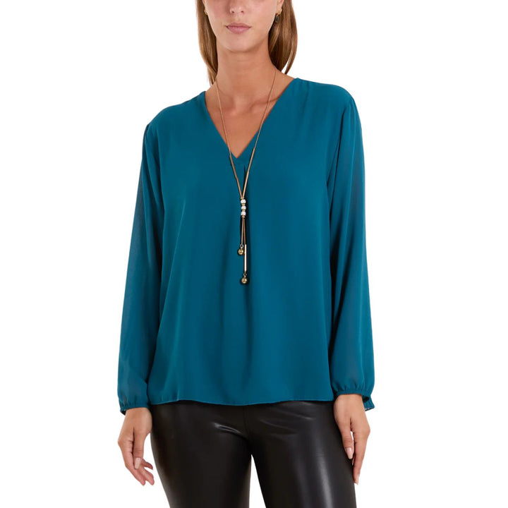 Pleated Back Long Sleeve Necklace Top Teal Green - Sugarplum Boutique