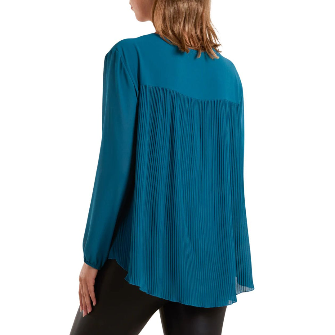 Pleated Back Long Sleeve Necklace Top Teal Green - Sugarplum Boutique