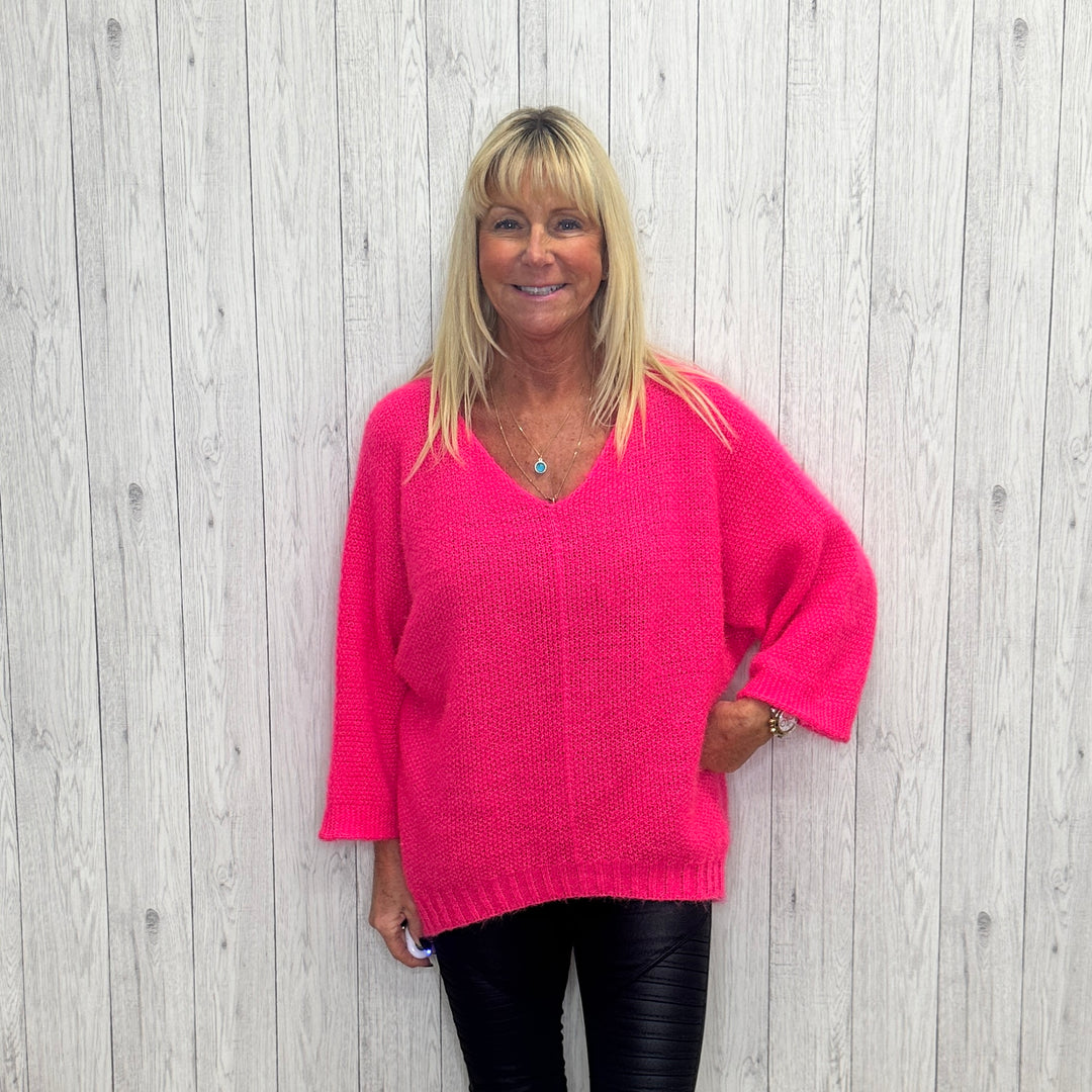 Romi Mohair Look V Neck Jumper Cerise Pink - Sugarplum Boutique