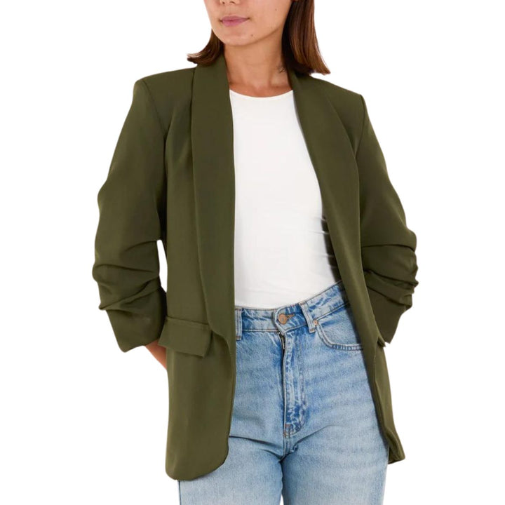 Rubie Shawl Collar Blazer Ruched Sleeve Khaki Green - Sugarplum Boutique