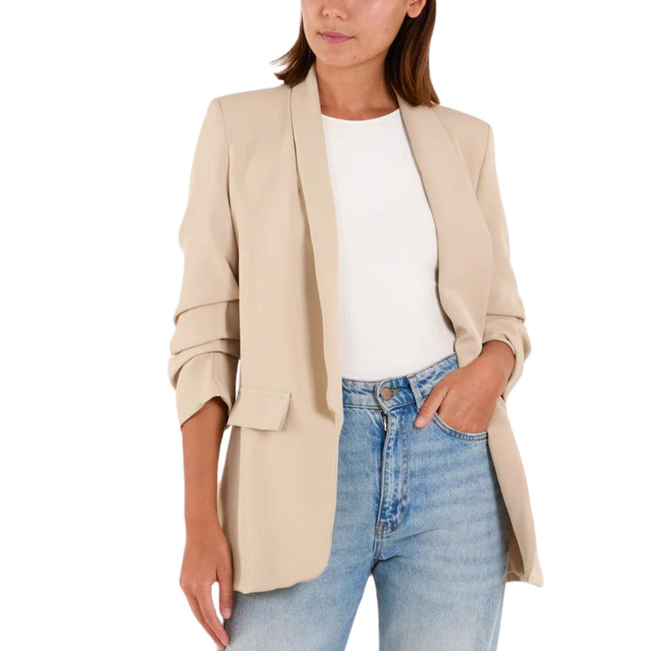 Rubie Shawl Collar Blazer Ruched Sleeve Stone - Sugarplum Boutique