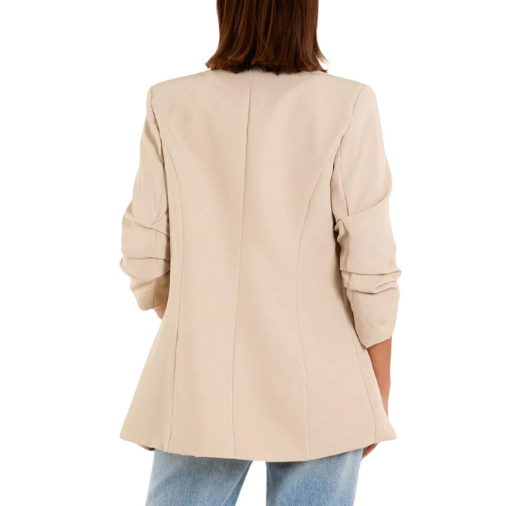 Rubie Shawl Collar Blazer Ruched Sleeve Stone - Sugarplum Boutique