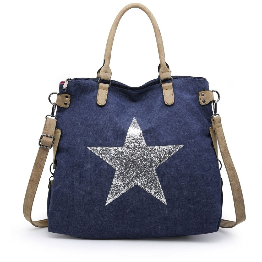 Sequin Star Large Tote Bag Navy - Sugarplum Boutique