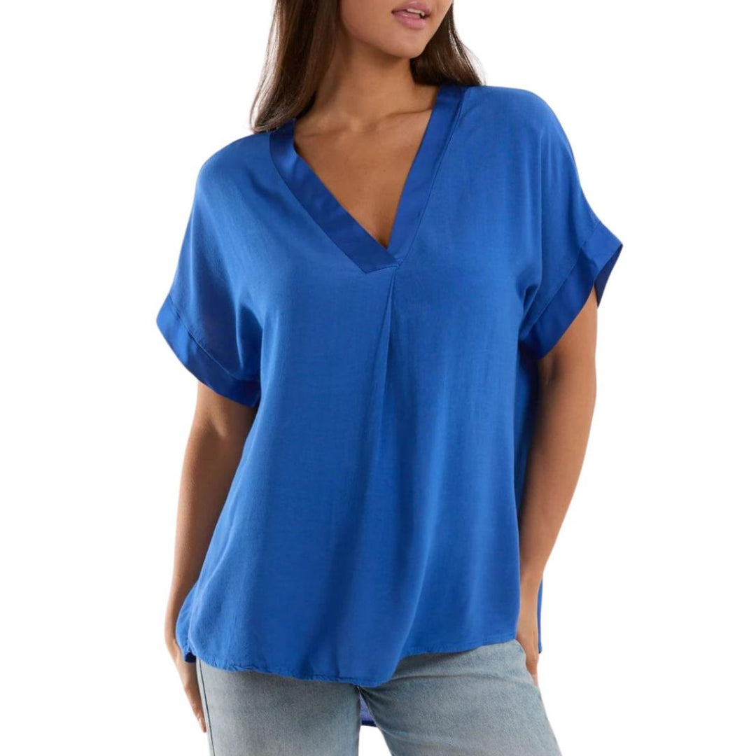 Made in Italy Abigail Satin V Neck Top Royal Blue - Sugarplum Boutique