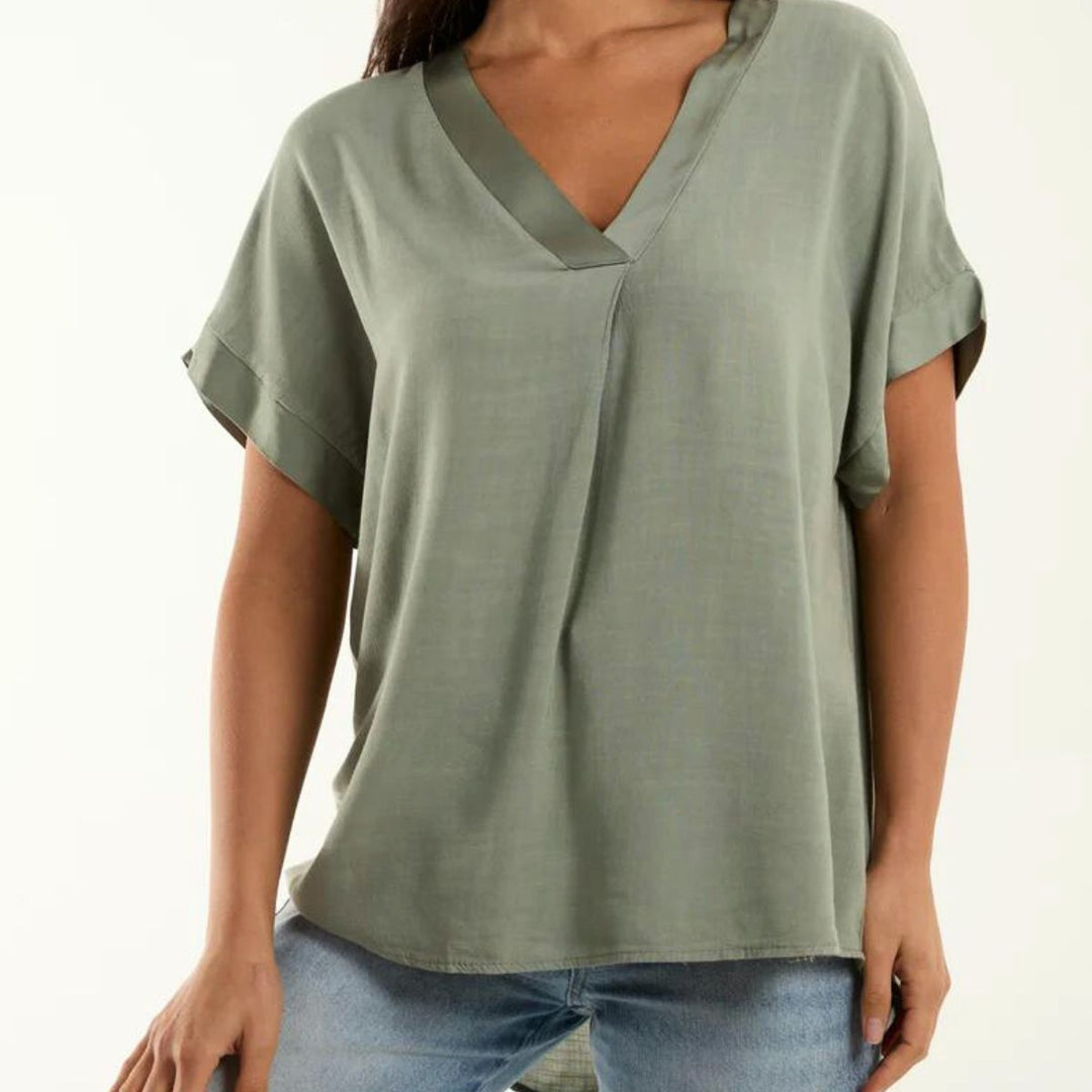 Made in Italy Abigail Satin V Neck Top Khaki Green - Sugarplum Boutique