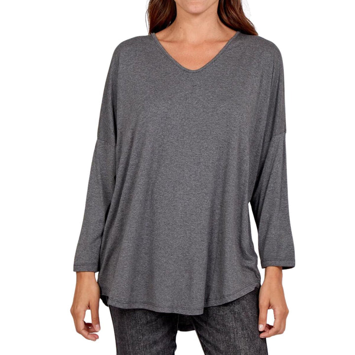 Valeria Essential 3/4 Sleeve V Neck Top Stretch Fabric Charcoal Grey - Sugarplum Boutique