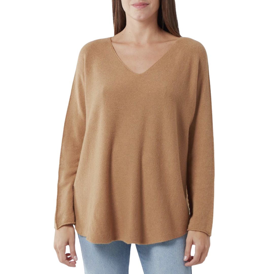 Vienna V Neck Jumper Seamed Arm Camel Brown - Sugarplum Boutique