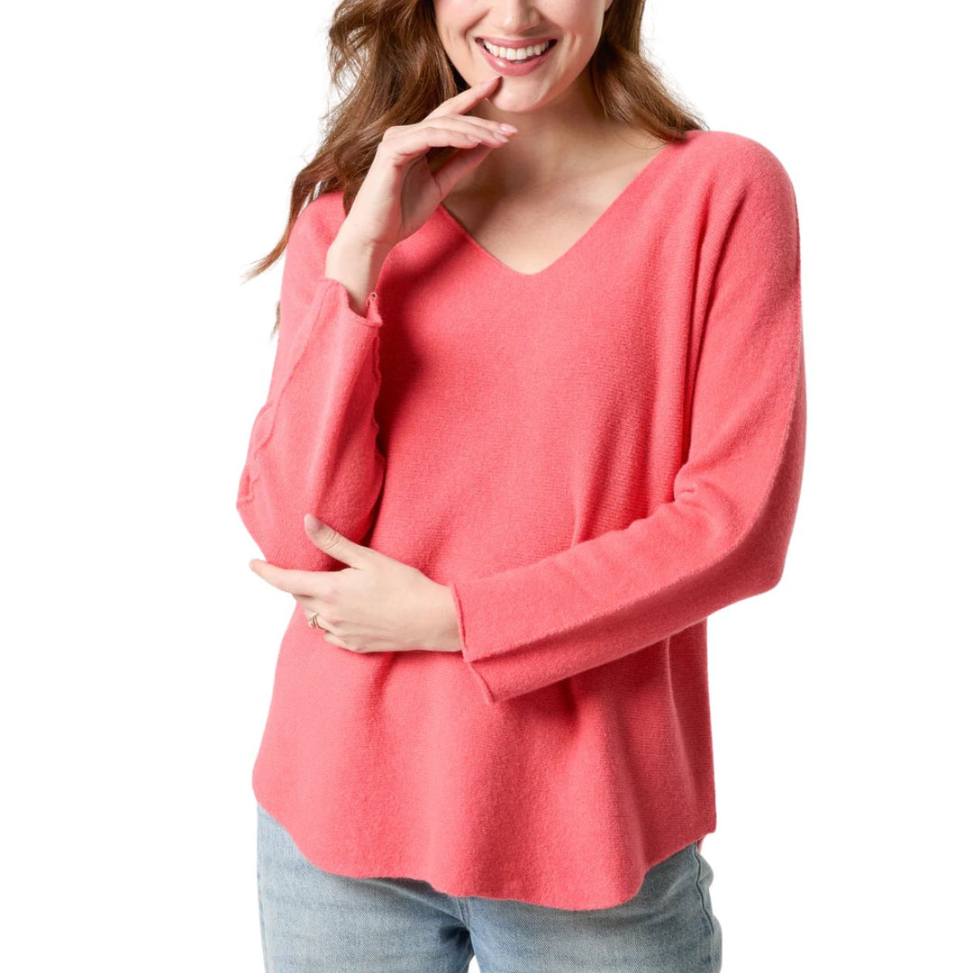 Vienna V Neck Jumper Seamed Arm Raspberry Pink - Sugarplum Boutique